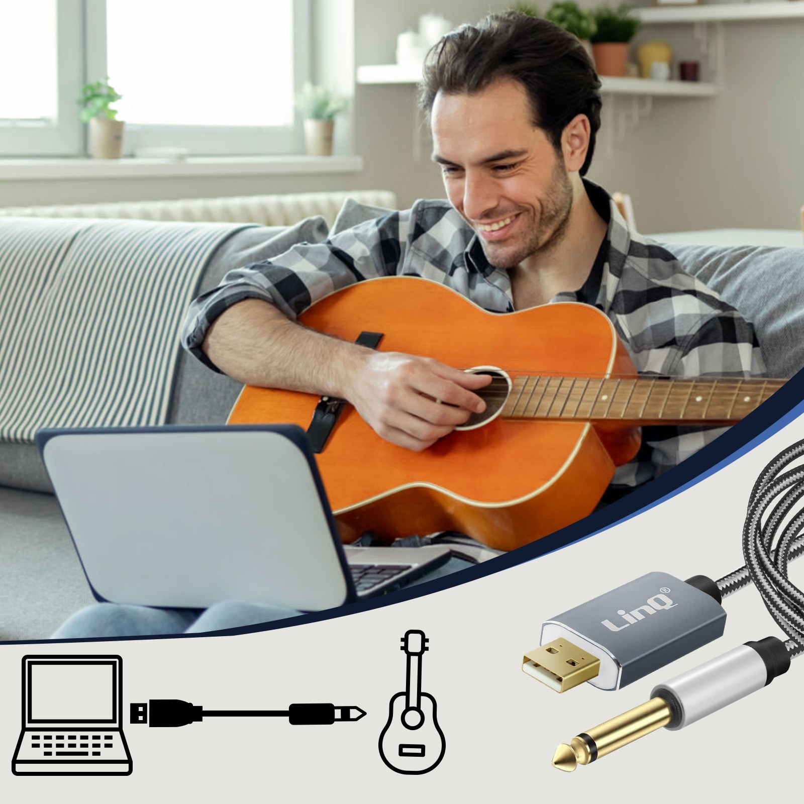 Câble USB Jack 6.35mm Mâle LinQ Résistant en Nylon Tressé