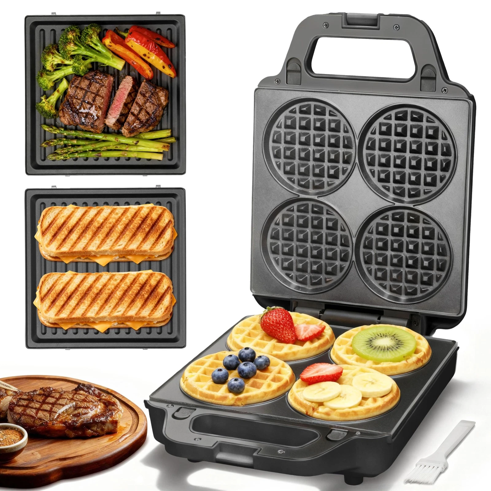 2 in 1 Mini Waffle Maker with Removable Plates, Panini Press Sandwich Maker, ...