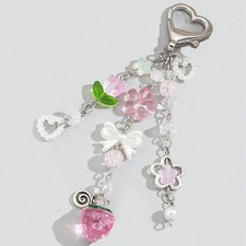 Pearl Bow Heart Keychain Strawberry Flower Tulip Beaded Bag Charm Pendant