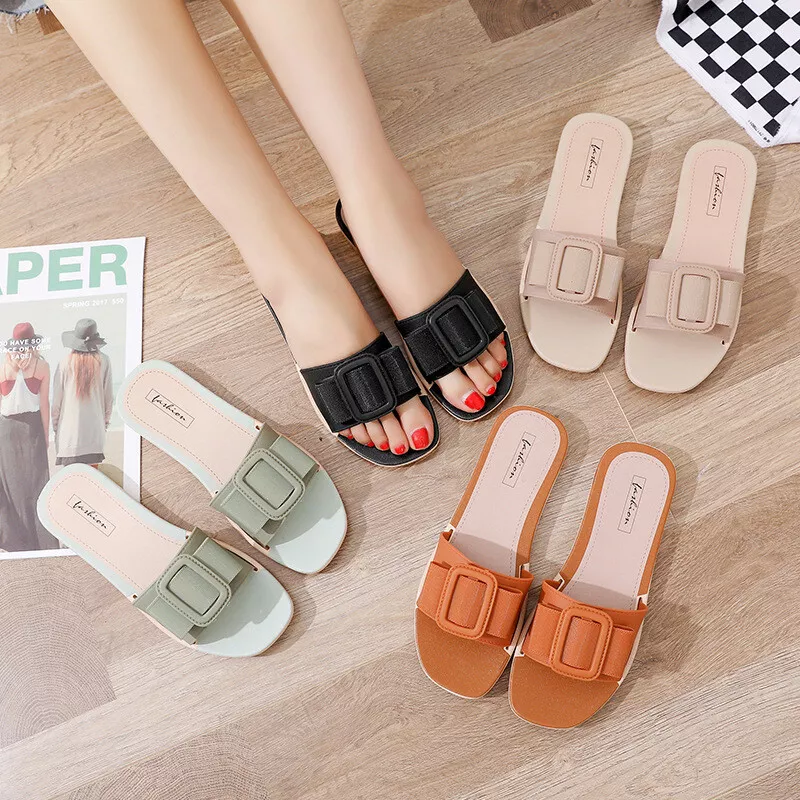 Womens Fashion Sandals Summer Slippers Square Buckle Non-Slip Beach Casual  Shoes