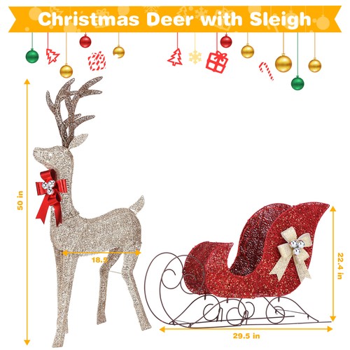 2 Piece Large Lighted Christmas Reindeer & Sleigh Pre-lit Gold with 160 LED F3J9 - Picture 7 of 9