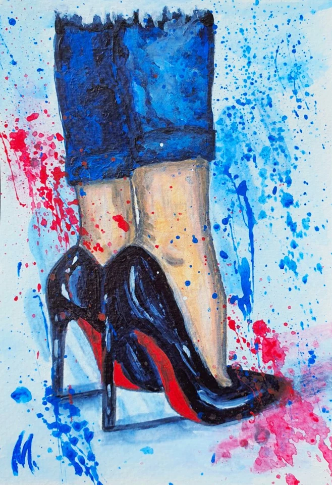 Tacones Altos Pintura Moda Mujer Zapatos Arte Original Denim Moderno Moda Pared Foto 3 de 4