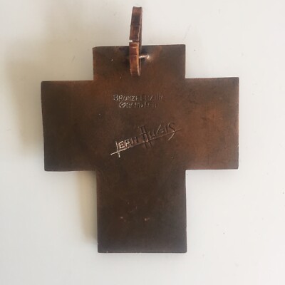 Pendentif Croix émaillée Ancien Jean Augis - Bronze, Religieux - Occasion Vintage
