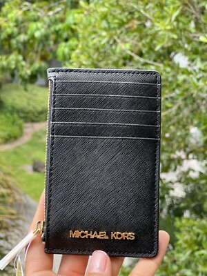 kors Ladies Women jet set travel top zip card case Wallet Coin Pouch Black Gold