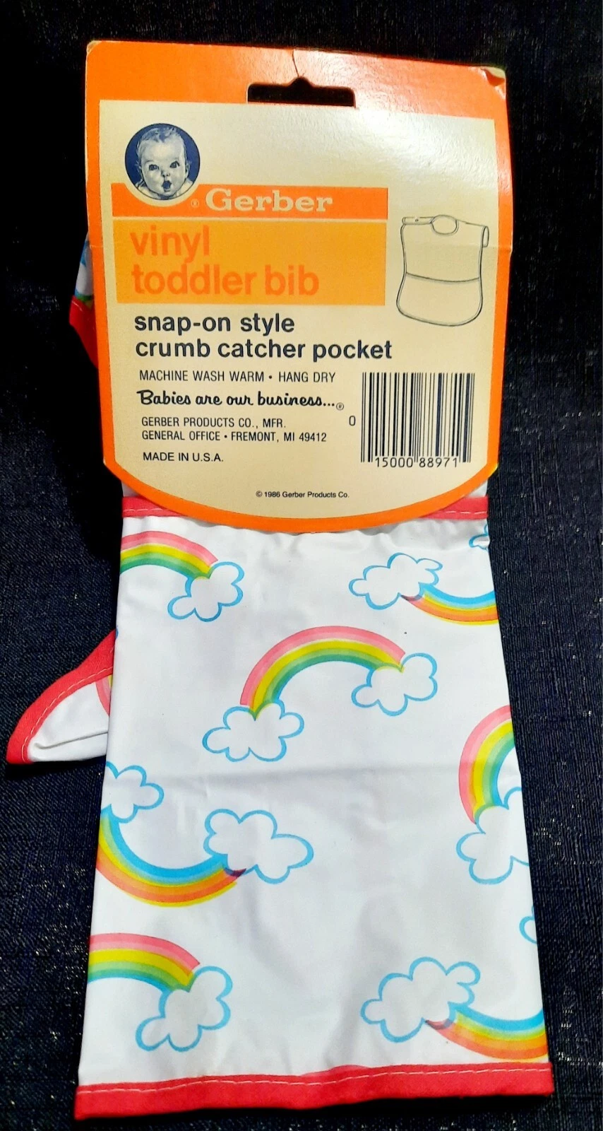 Vintage GERBER Rainbow Vinyl Snap On Toddler Bib Crumb Catcher Pocket