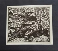 Shiko Munakata "Floral Hunting Scene "  Mounted b/w offset Lithograph  1973 