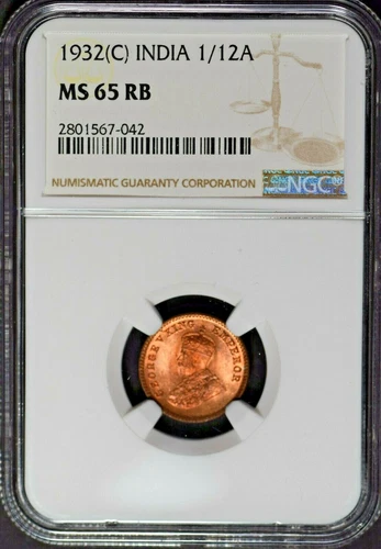 India British 1932(C) 1/12 Anna NGC MS65 RB 