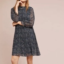 Anthropologie Seen Worn Kept Rian Leopard Pleated Swing Dress Navy Grey US 8