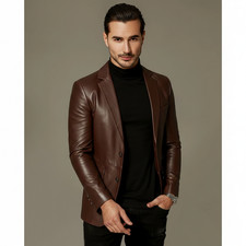 Men's Brown Blazer 100 Genuine Lambskin Leather Two Button Coat Blazer