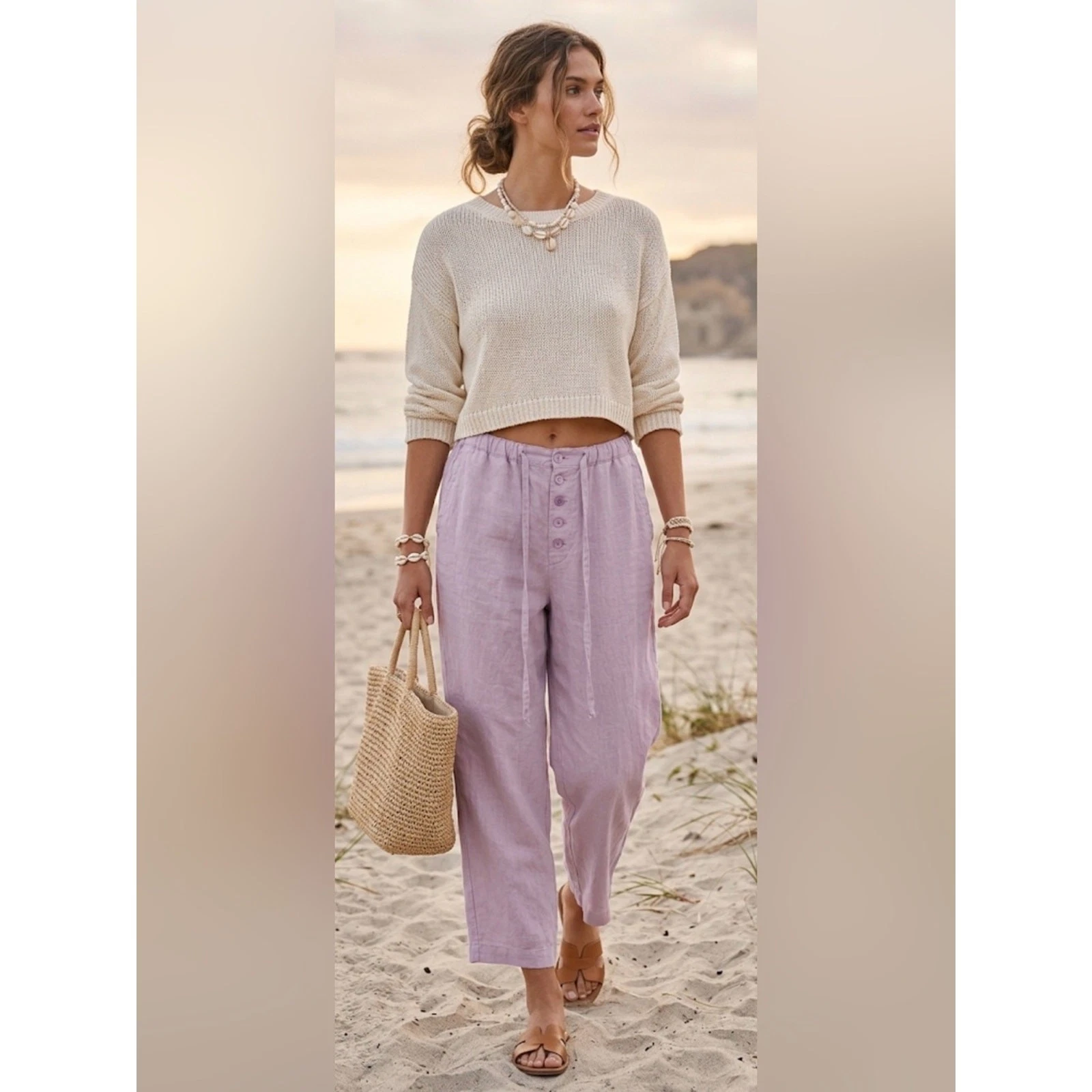 Chadwicks Women’s Sz 14 Cropped Linen Pants Elastic Waist Pockets casual boho