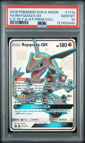 2018 POKEMON CELESTIAL STORM #177A FULL ART/RAYQUAZA GX Hidden Fates PSA 10