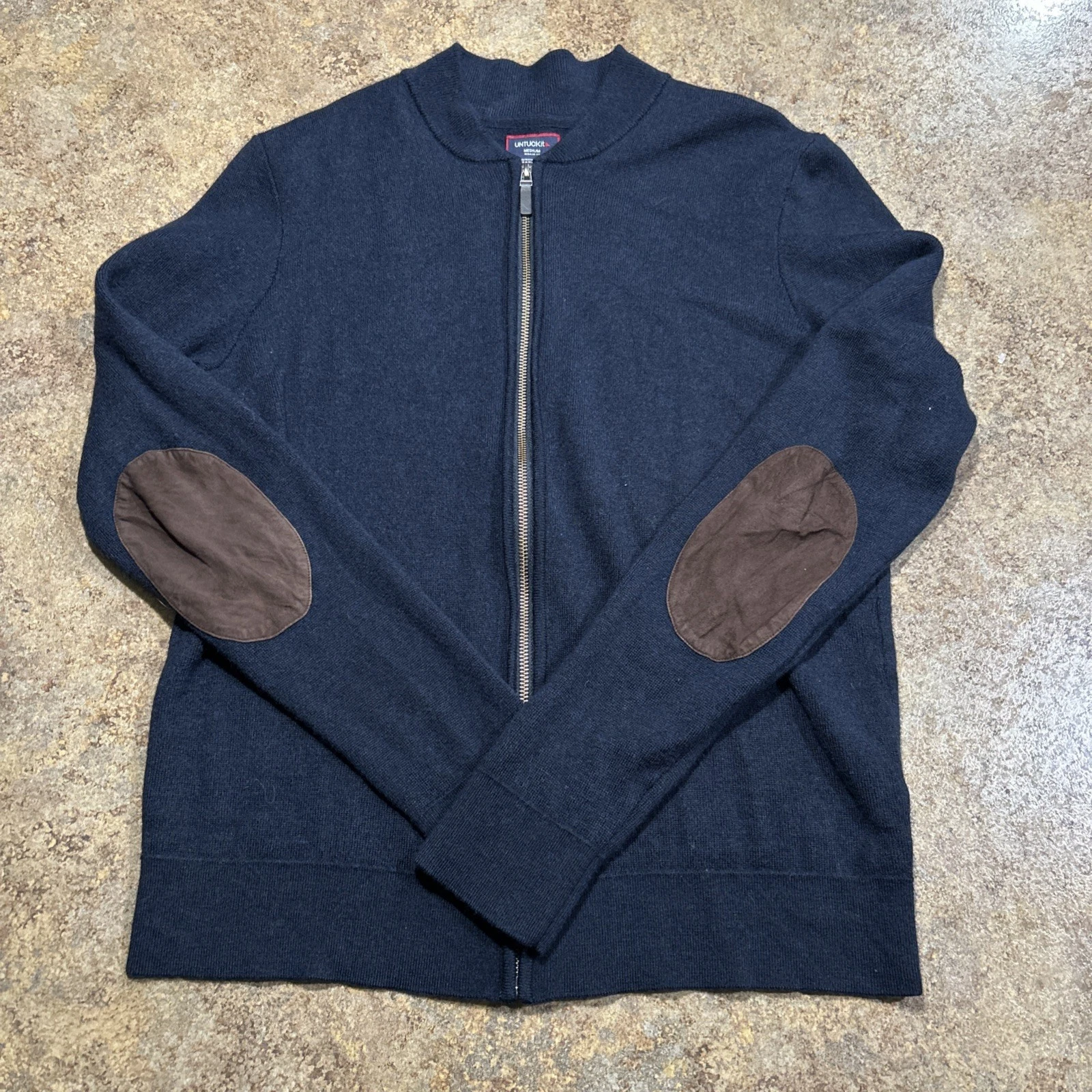Untuckit Merino Wool Elbow Patch Sweater Navy Full Zip Mens Medium Preppy Casual