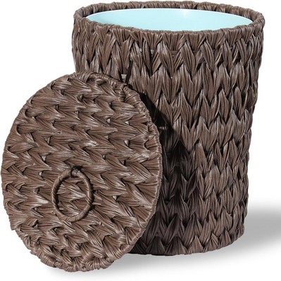 Plastic Wicker Trash Can with Lid - 2.6 Gallon Small Garbage Can with Removable