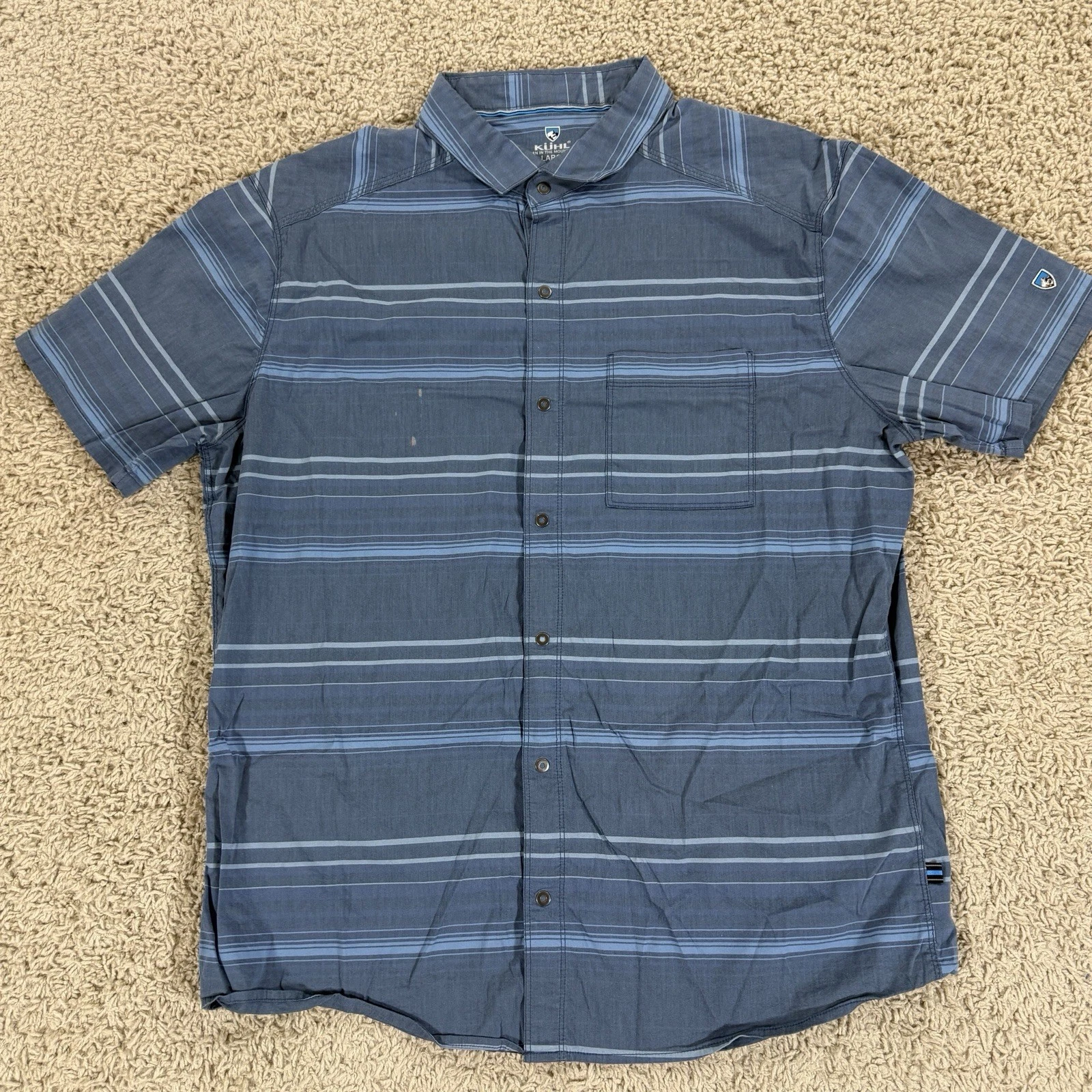 Kuhl Shirt Mens L Blue Striped Lightweight Outdoor Hiking Short Sleeve Button Up