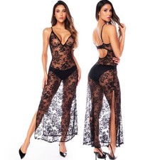 Mapale Lingerie Floral Lace Maxi Slip Dress High Cut Side Slit Black S-XL
