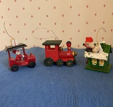 Russ Berrie & Co Christmas Ornaments Lot of 3 Hand Painted Wooden Taiwan 1970s