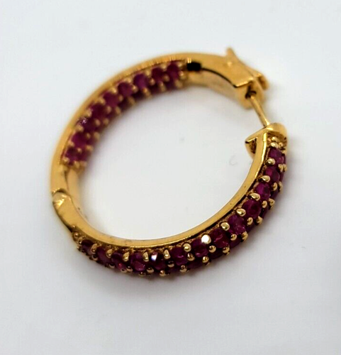 NWT S.S. Gold Washed Lab Created Ruby Hinged Lock Hoop Earrings Signed STS - Picture 7 of 7