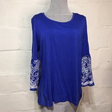Women's "I.N. Studio" Blouse Blue  3/4 Embroidered Bell Sleeves Petite Large NWT