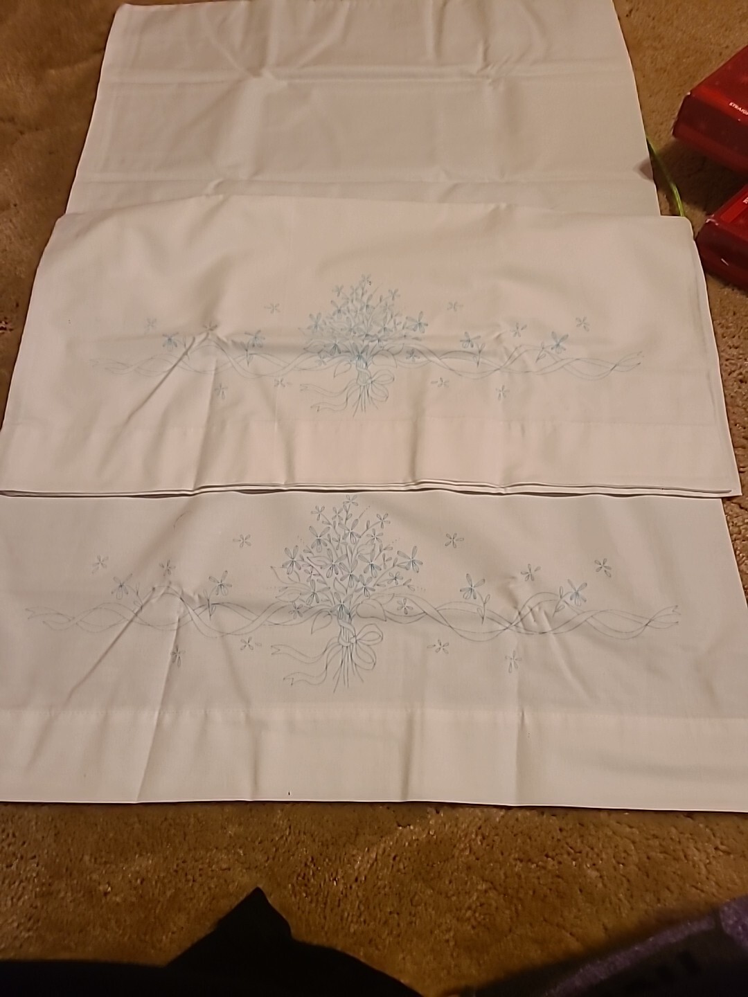 2 Stamped Cross Stitch Pillowcases Floral Ribbon Pattern Ready to