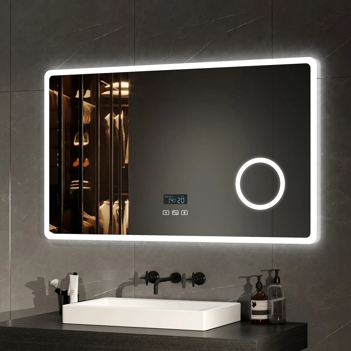 LED Badspiegel Wandspiegel Bluetooth Touch Uhr Beschlagfrei 80x60/100x60cm EMKE