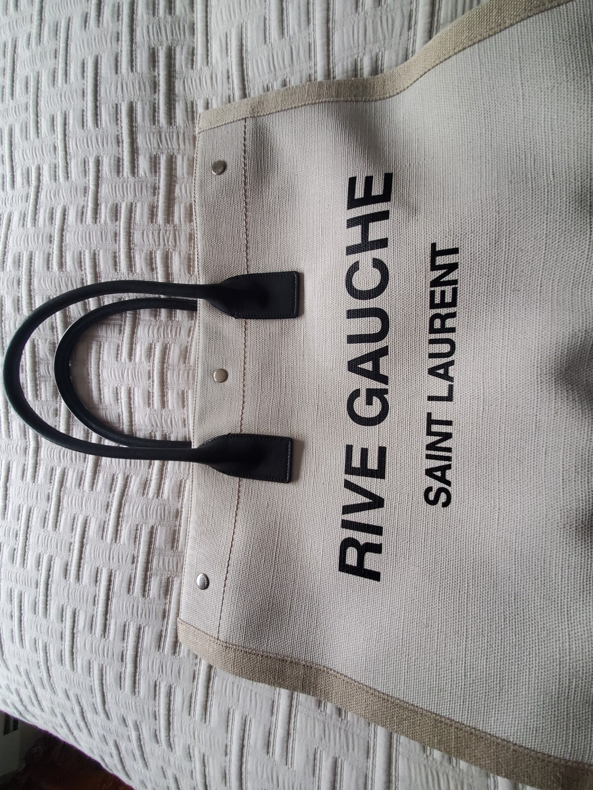 Borsa tote Yves Saint Laurent YSL Rive Gauche grande in lino e pelle con manico superiore