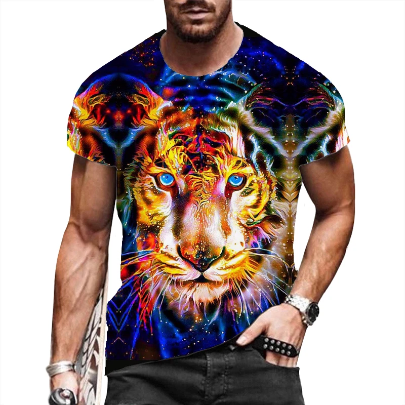 T-Shirt Men's Colorful tiger head Fashion Sleeve Casual Silky Tee