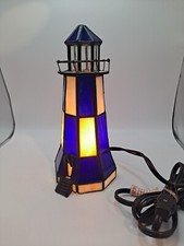 Vintage Beautiful Tiffany Style Blue  White Stained Glass Lighthouse Lamp 9.5"