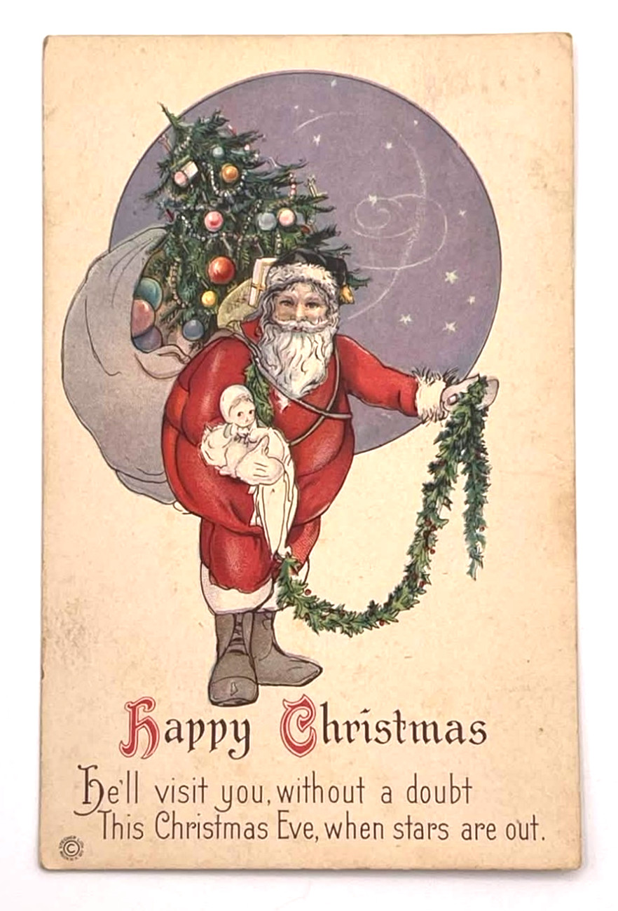 Antique Santa Baby Garland Moon Christmas Verse Postcard