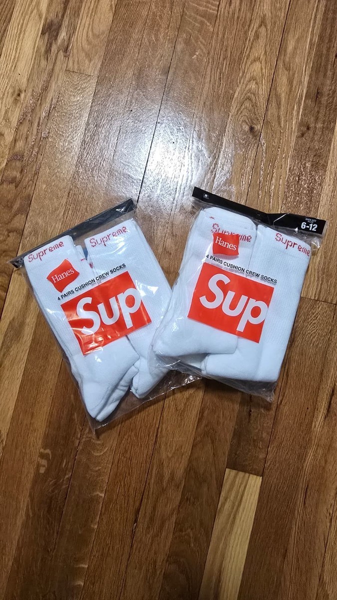 Supreme X Hanes Crew Socks - White, Pack of 4, Size 6-12 for sale