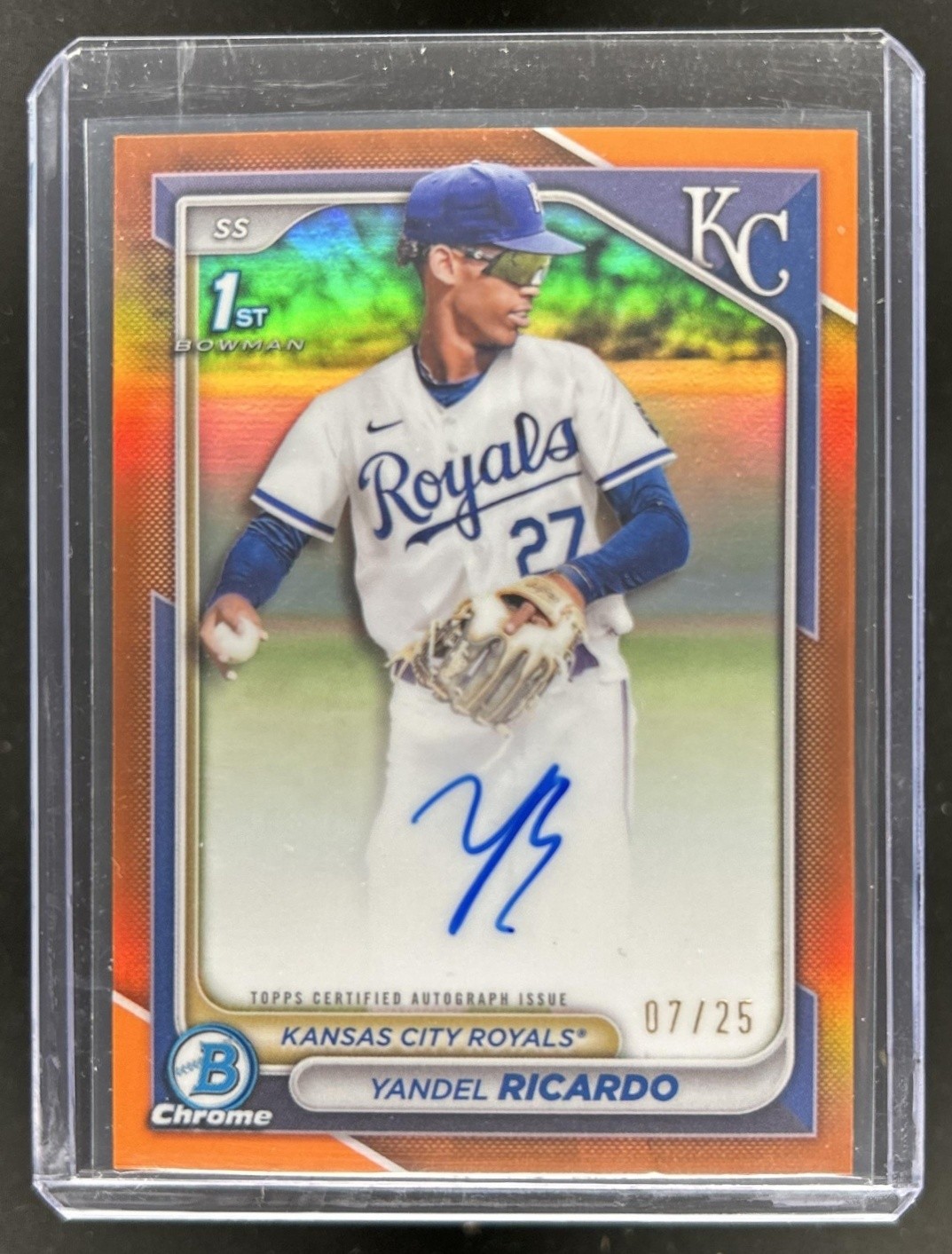 2024 Bowman Chrome Yandel Ricardo Auto Orange Refractor 1st #/25 Royals