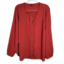 TORRID Red V Neck Button Front Top Size 2X Gathered Yoke Long Sleeve Blouse