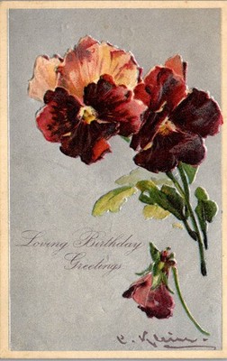 Vintage Artist Signed C KLEIN Flower Postcard Silk Silver Back Pansies 1909