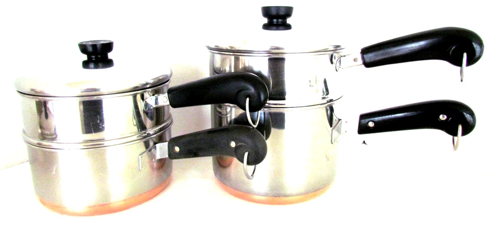 VINTAGE REVERE WARE PRE 68 2 + 3 qt. POTS W/ DOUBLE BOILER & STEAMER FITS BOTH - Image 2 of 4