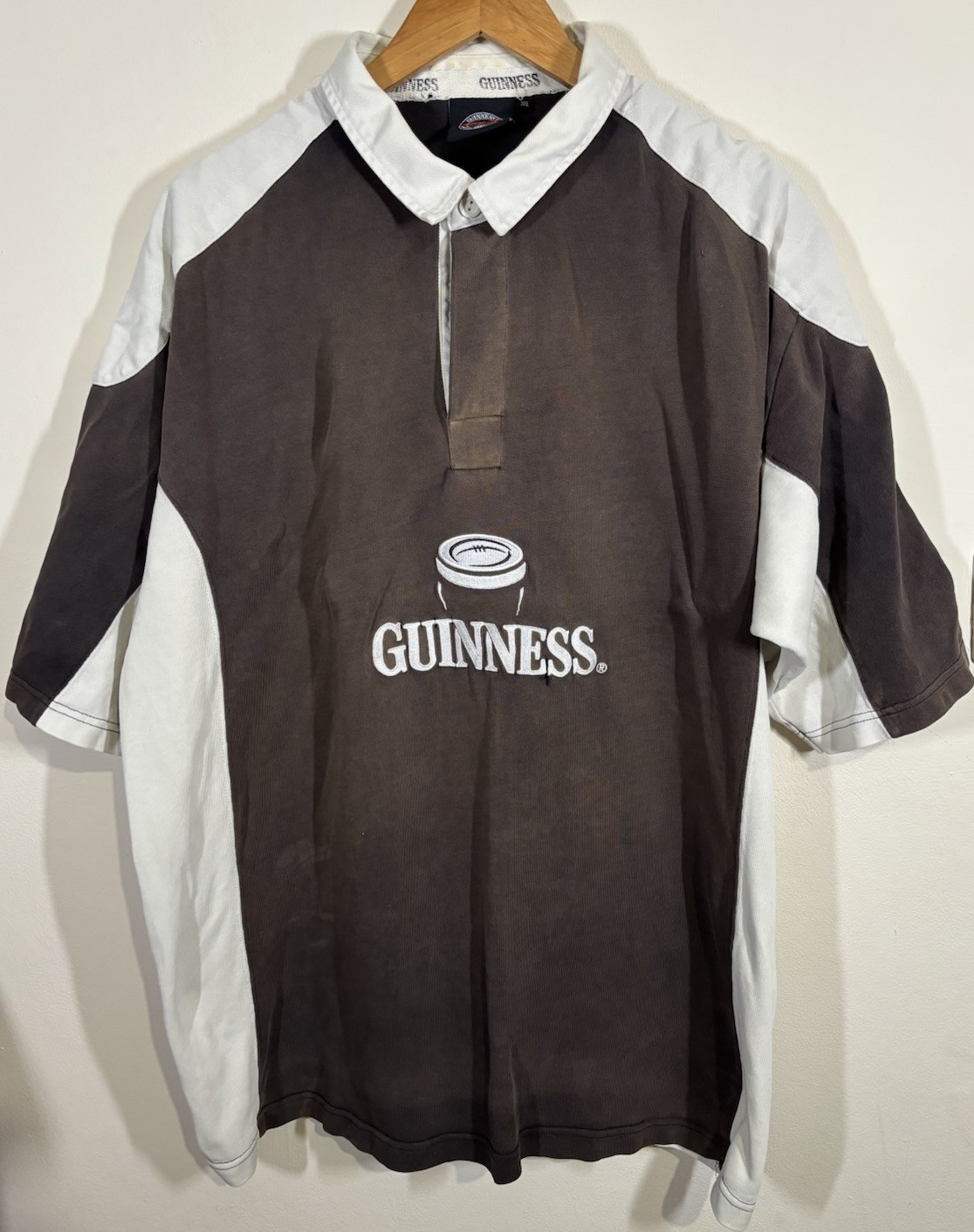 1990s Guinness Rugby Polo Shirt Mens XXL 2XL Brown Made In Hong Kong Vintage