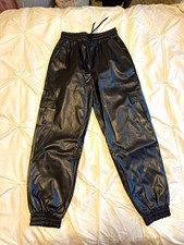 Women  s Black Faux Leather Cargo Jogger Pants Drawstring Size M