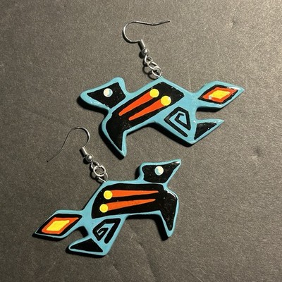 Funky Vintage Blue Wolf Animal Earrings Indigenous Art Pacific Northwest Coast