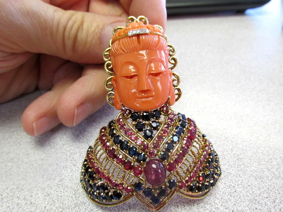 Único Grande Buda Colgante/Broche Prendedor con Coral, Rubí, Zafiro, Hacer Oferta