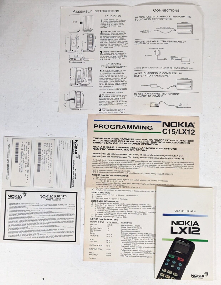 Vintage Nokia LX12 De 1992 - Téléphone Portable Avec étui, Manuel Et Chargeur C250