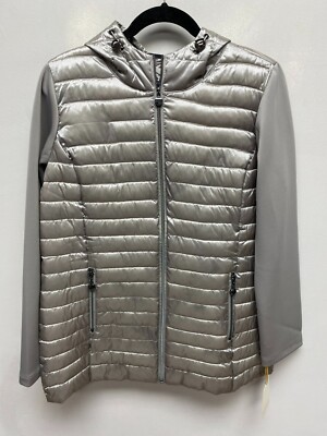 Laurier & Co Womens Gray Full Zip Hooded Soft Shell Sleeve Quilt Puffer Jacket M