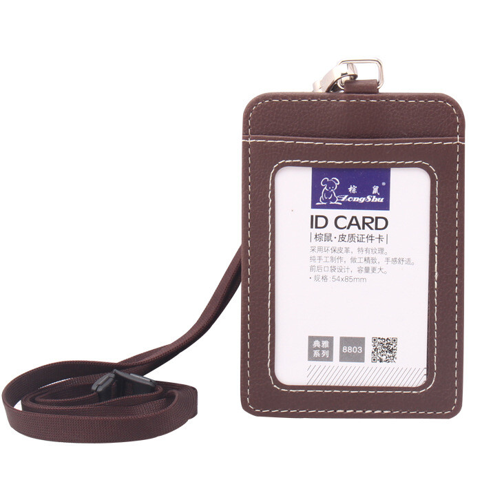 ID Badge Card Holder Pu Leather Vertical Clip Neck Strap Lanyard