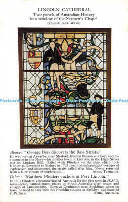 R585428 Lincoln Cathedral zwei Tafeln australischer Geschichte in einem Fenster des Se