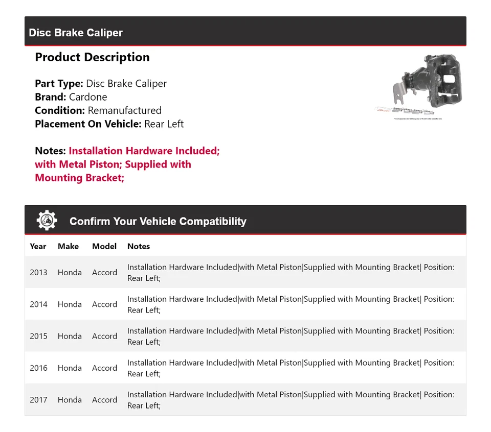 For 2013-2017 Honda Accord Disc Brake Caliper Rear Left Cardone 2014 2015 2016 - Imagem 2 de 4