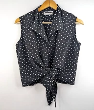 MIMSY PARIS VTG 90s Women Black White Polka Dot Sleeveless Tie Blouse Size 10