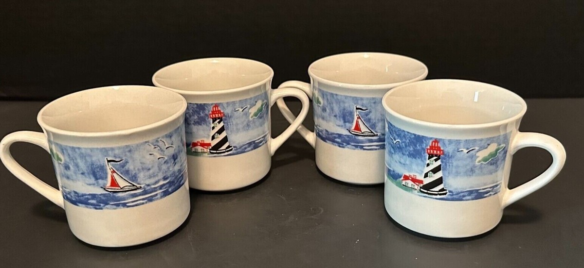GIBSON Everyday Lighthouse Ocean Seagulls Sailboat 8oz. Set of 4 Coffee Mug/ Cup | eBay