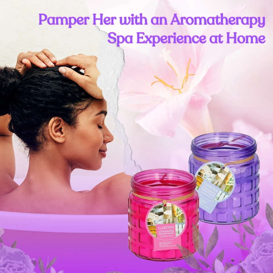 2x Large Citronella Oil Wax Candles Glass Holder 40 Hours Burn Time Purple Pink - Image 4 of 4