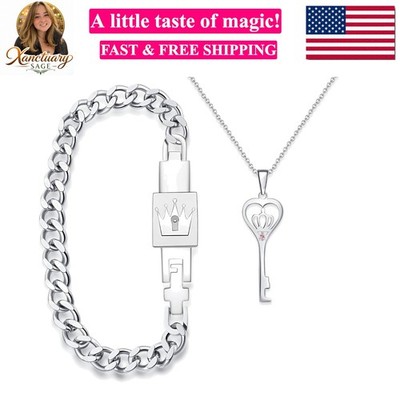 His & Hers Matching Set King Queen Couple Key Lock Bracelet and Pendant Set C...