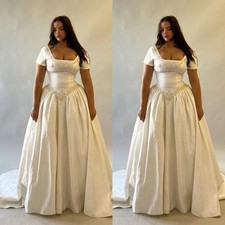 Vintage Wedding Dresses Square Neck Short Sleeves Satin A Line Bridal Gowns