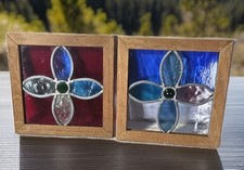 2 Vtg Handcrafted Stain Glass Window Floral Design Wooden Frames Suncatcher Wall
