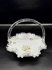 Vntg. Fenton Silver Crest Ruffled Edge Glass Basket W/Handle Violets In Snow