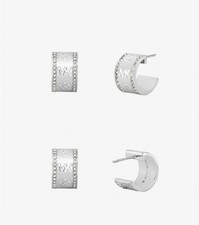 MICHAEL KORS SILVER TONE MK LOGO PAVE HUGGIE HOOP EARRINGS -MKJ0033 + BOX